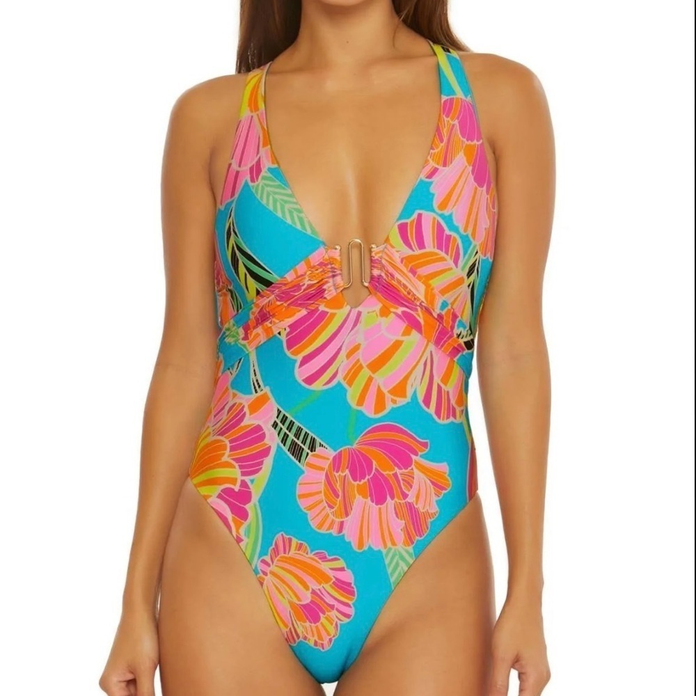 NWT Trina Turk Pink and Blue One Piece Swimsuit with Tropical Floral Design